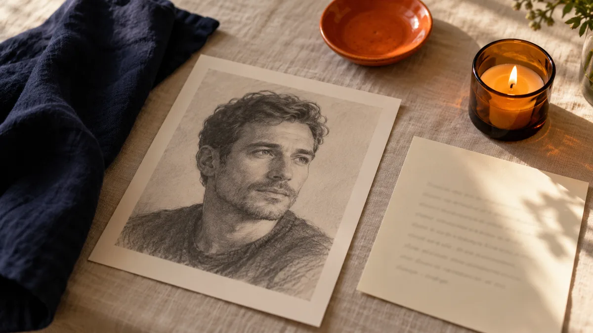 A printed pencil-style portrait of a fictional face beside a printed reading card and a candle on a linen tablecloth